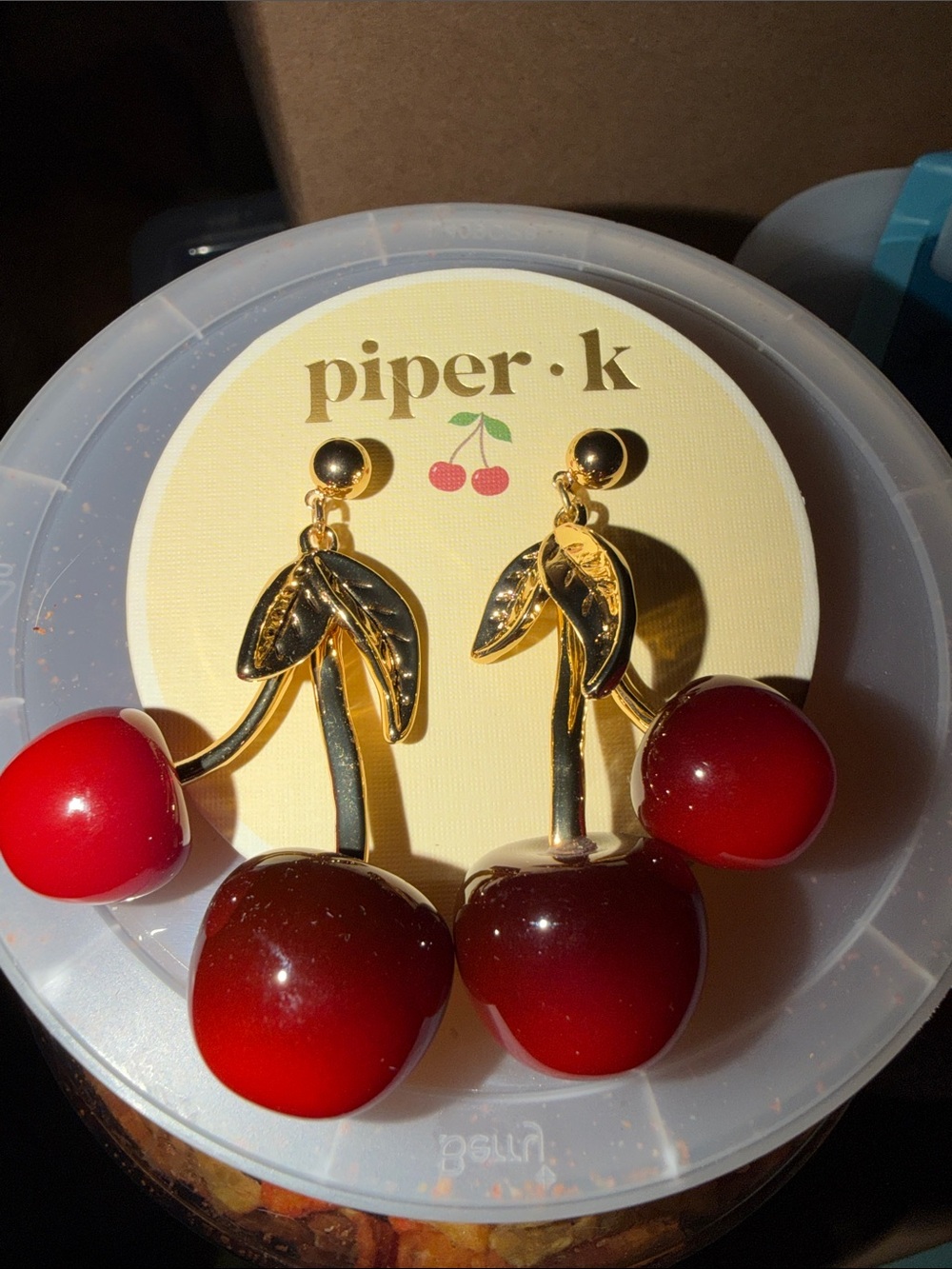 piper•k Gold Cherry Drop Earrings in Red